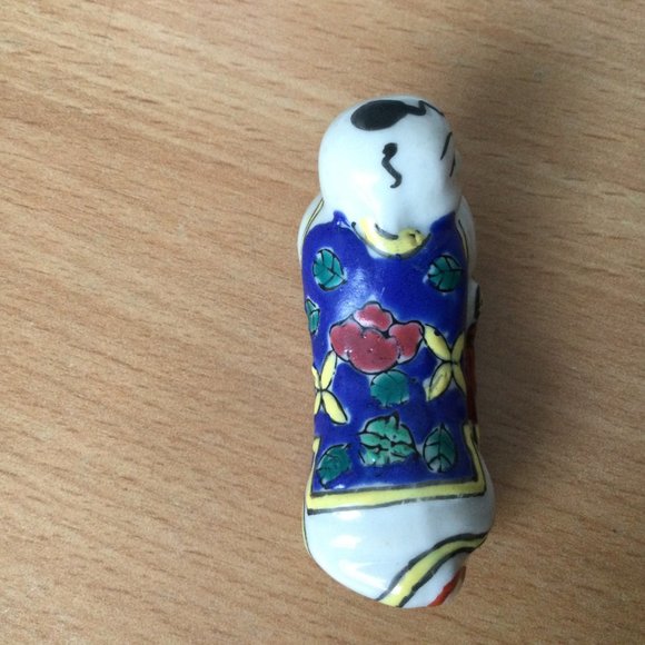 2 Vintage Chinese hand painted enamel baby pillow figurines boys 6" & 2.5" blue - Picture 4 of 5